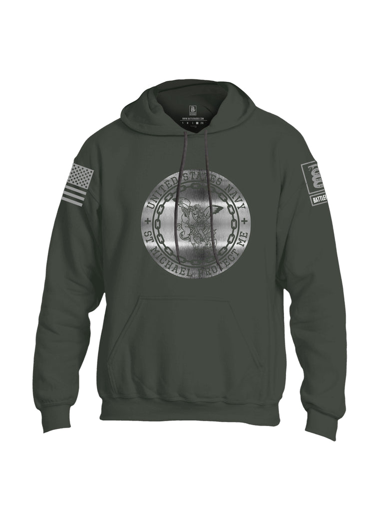 Battleraddle USN St Michael Protect Me Grey Sleeve Print Mens Blended Hoodie With Pockets