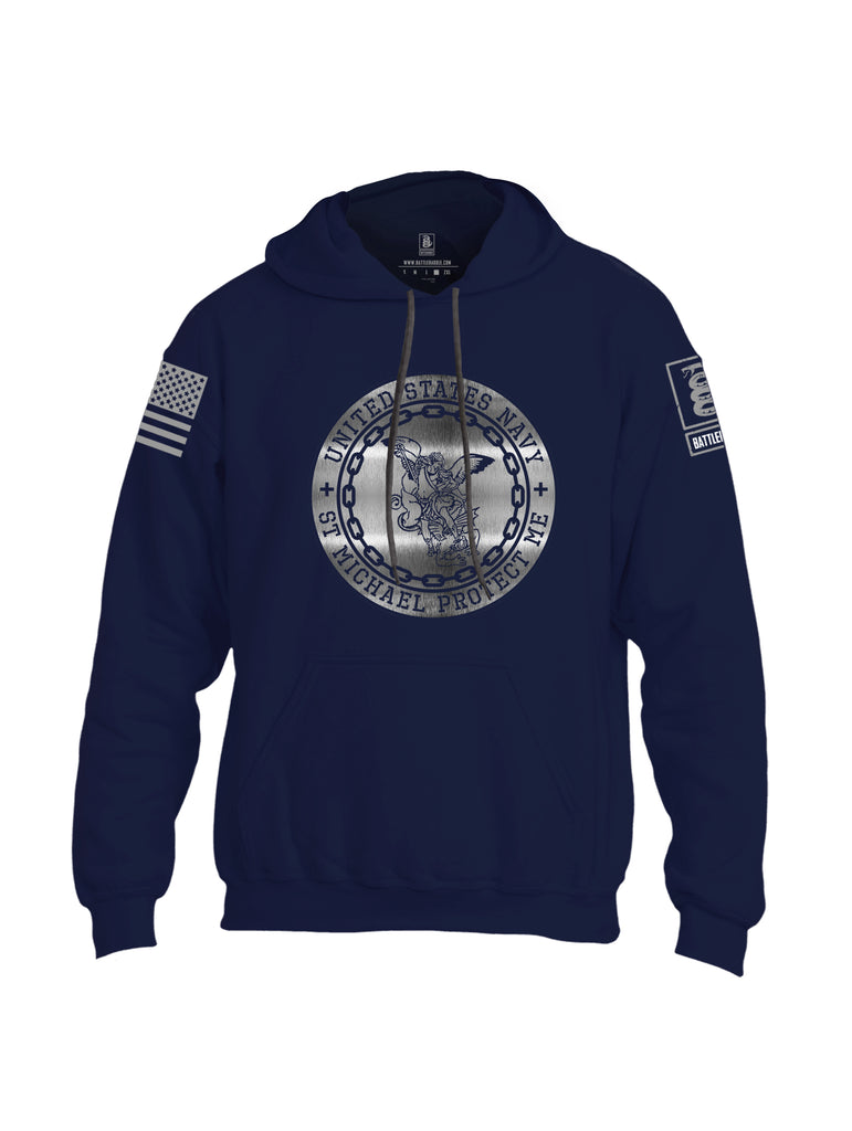 Battleraddle USN St Michael Protect Me Grey Sleeve Print Mens Blended Hoodie With Pockets