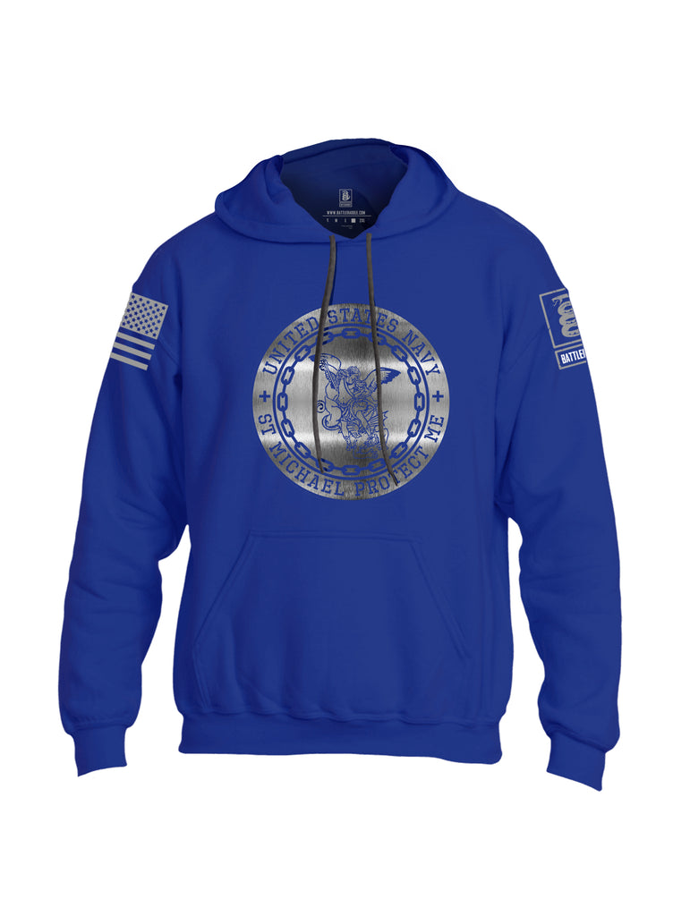 Battleraddle USN St Michael Protect Me Grey Sleeve Print Mens Blended Hoodie With Pockets