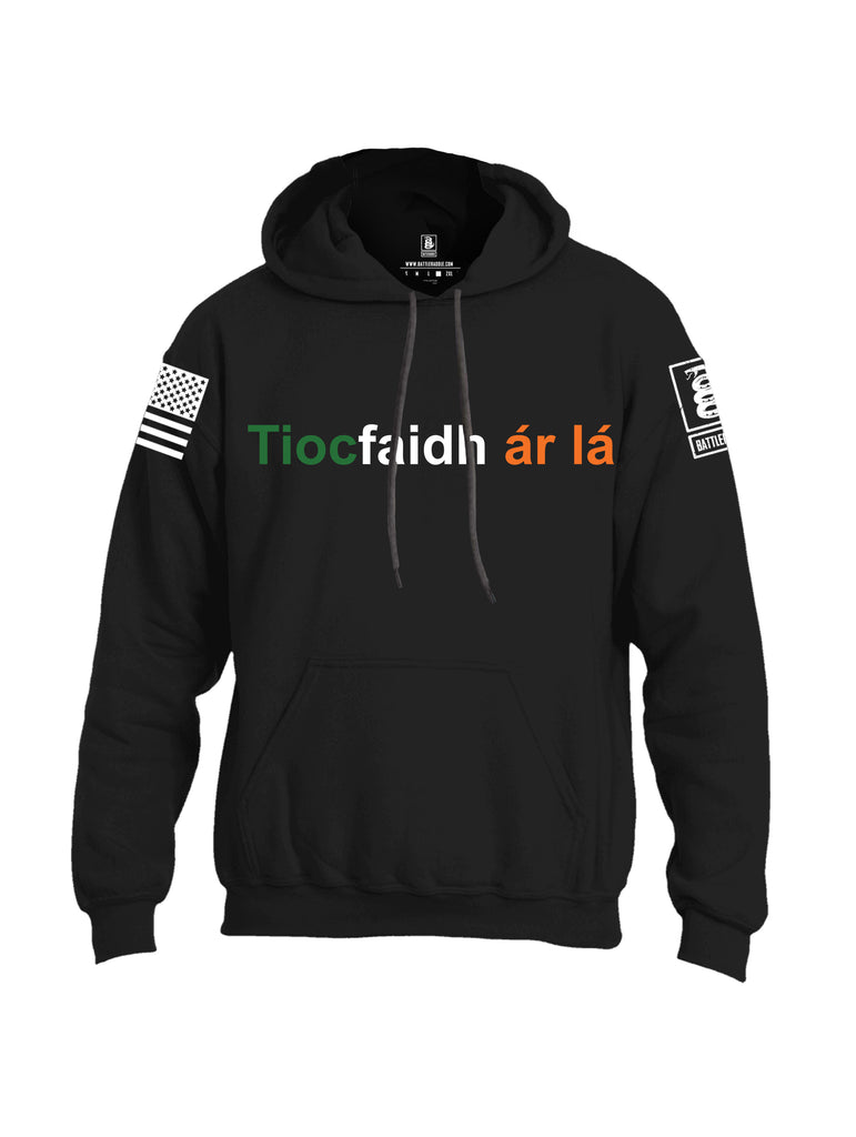 Battleraddle Tiocfaidh ar la with Irish Flag Green White Orange Letters White Sleeve Print Mens Blended Hoodie With Pockets