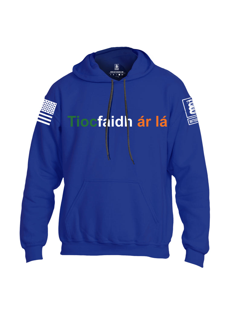 Battleraddle Tiocfaidh ar la with Irish Flag Green White Orange Letters White Sleeve Print Mens Blended Hoodie With Pockets