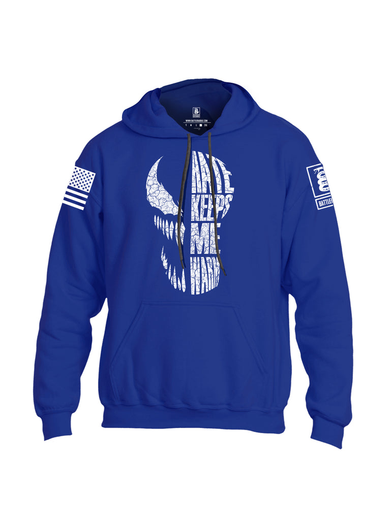 Battleraddle Hate Keeps Me Warm White Sleeve Print Mens Blended Hoodie With Pockets