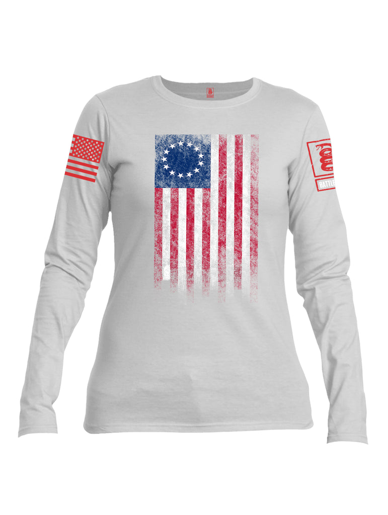 Battleraddle Thirteen Colonies Flag Red Sleeve Print Womens Cotton Long Sleeve Crew Neck T Shirt