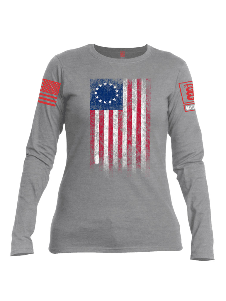 Battleraddle Thirteen Colonies Flag Red Sleeve Print Womens Cotton Long Sleeve Crew Neck T Shirt