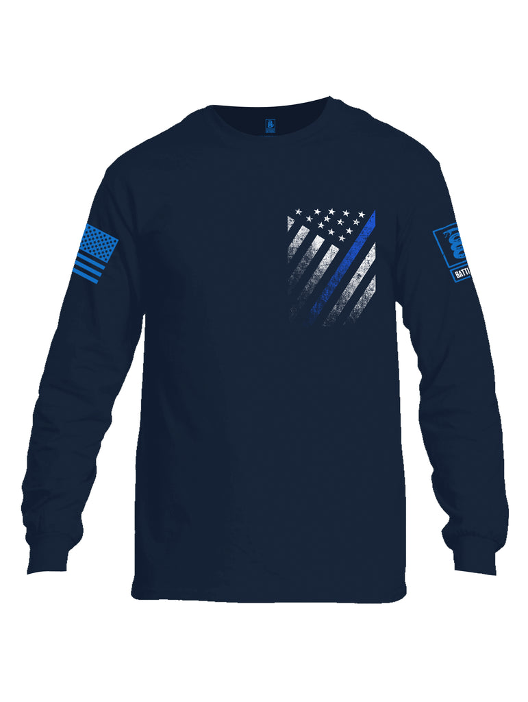 Battleraddle USA Blue Thin Line Series Flag Blue Sleeve Print Mens Cotton Long Sleeve Crew Neck T Shirt