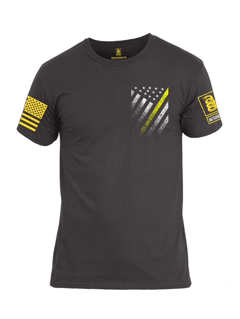 Battleraddle USA Yellow Thin Line Series Flag Yellow Sleeve Print Mens Cotton Crew Neck T Shirt
