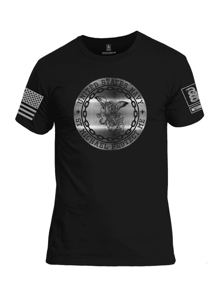 Battleraddle USN St Michael Protect Me Grey Sleeve Print Mens Cotton Crew Neck T Shirt