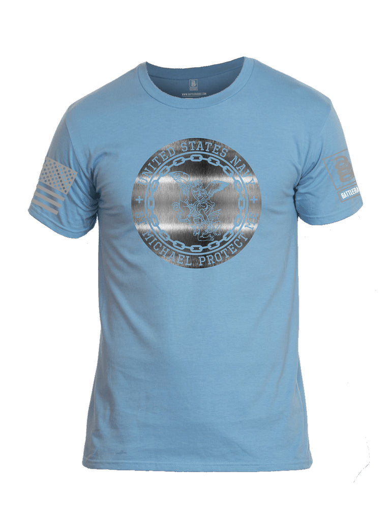 Battleraddle USN St Michael Protect Me Grey Sleeve Print Mens Cotton Crew Neck T Shirt