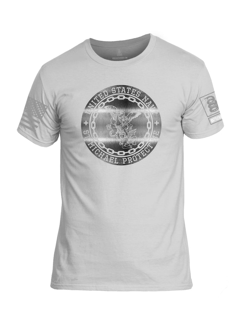 Battleraddle USN St Michael Protect Me Grey Sleeve Print Mens Cotton Crew Neck T Shirt