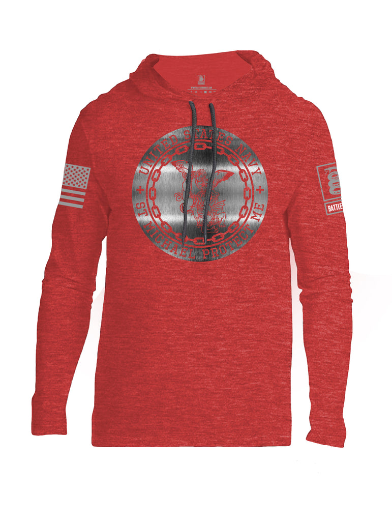 Battleraddle USN St Michael Protect Me Grey Sleeve Print Mens Thin Cotton Lightweight Hoodie