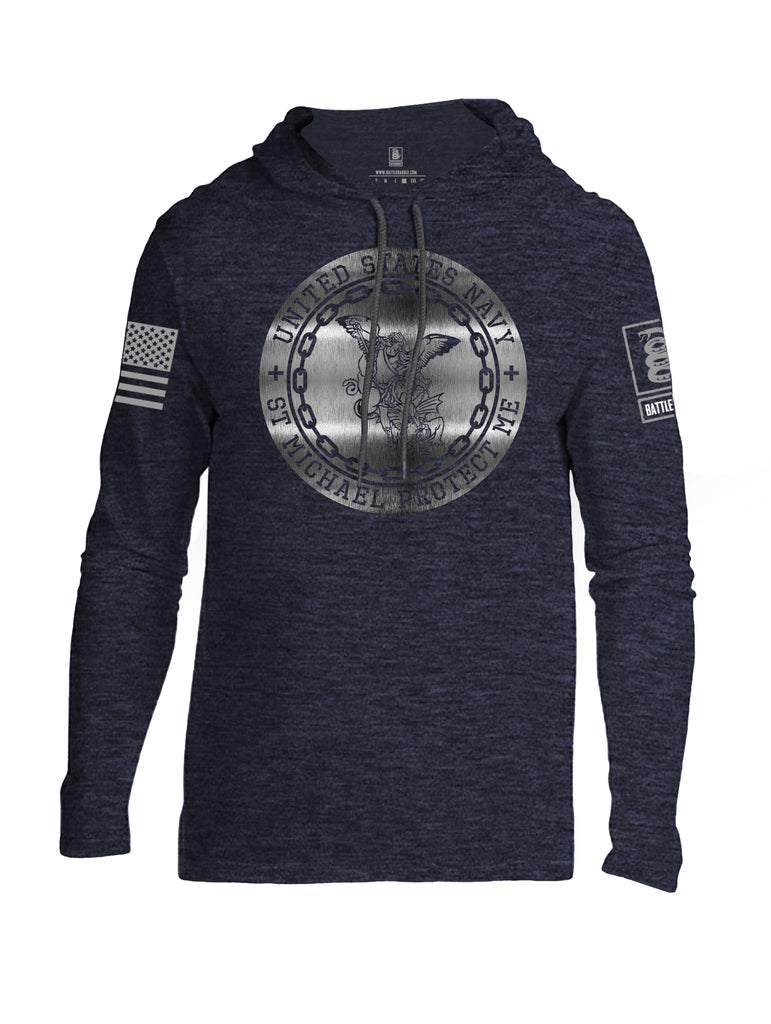 Battleraddle USN St Michael Protect Me Grey Sleeve Print Mens Thin Cotton Lightweight Hoodie