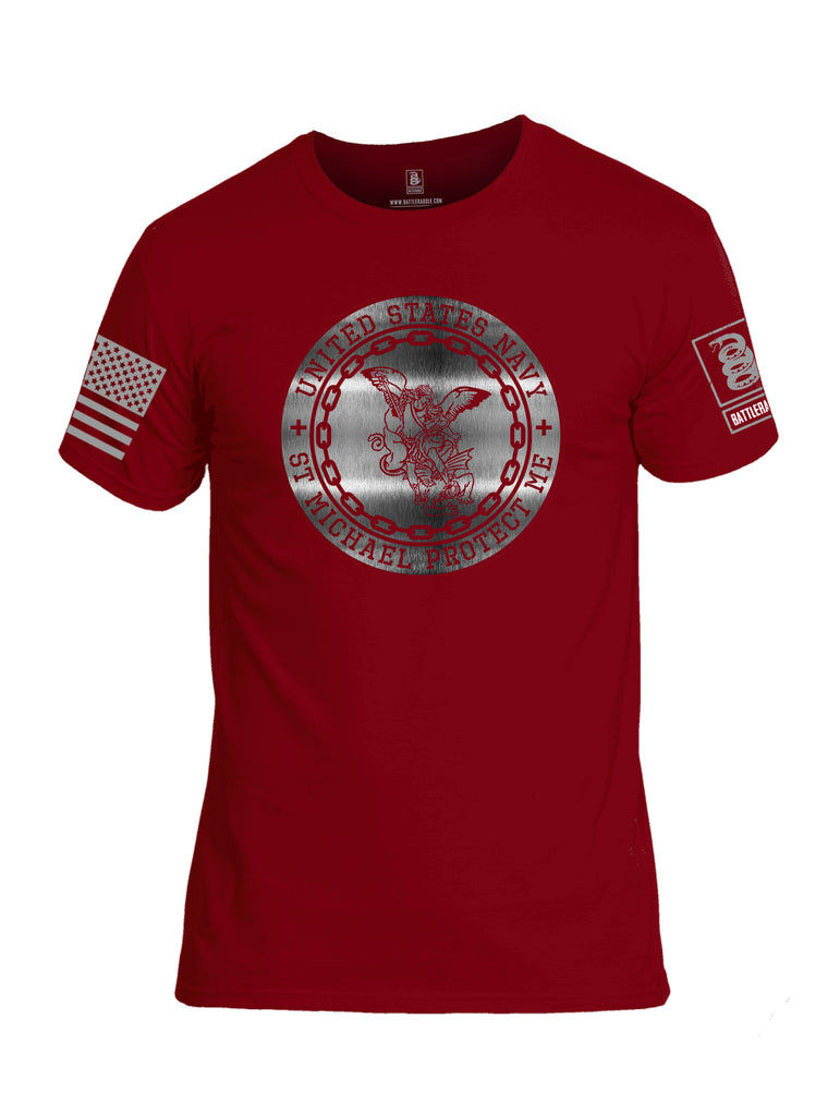 Battleraddle USN St Michael Protect Me Grey Sleeve Print Mens Cotton Crew Neck T Shirt