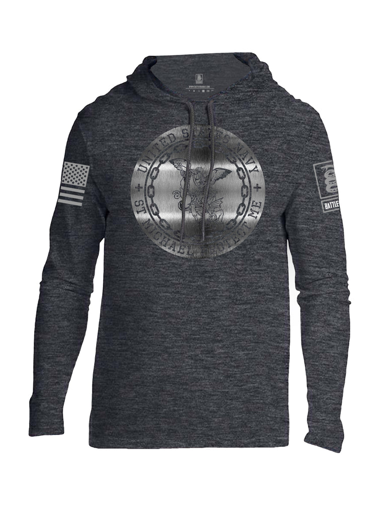 Battleraddle USN St Michael Protect Me Grey Sleeve Print Mens Thin Cotton Lightweight Hoodie