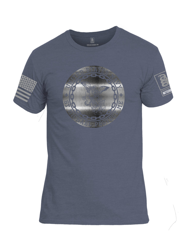Battleraddle USN St Michael Protect Me Grey Sleeve Print Mens Cotton Crew Neck T Shirt
