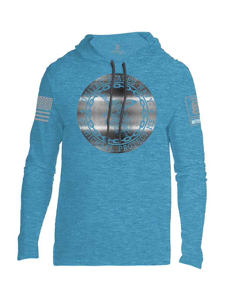 Battleraddle USN St Michael Protect Me Grey Sleeve Print Mens Thin Cotton Lightweight Hoodie