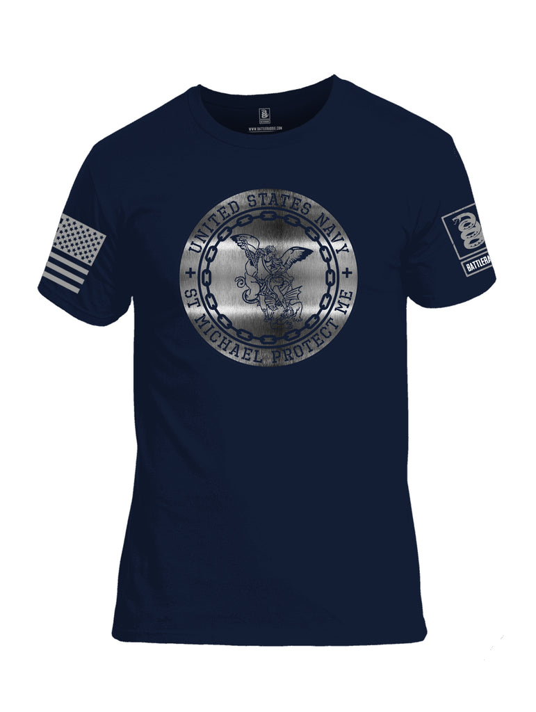 Battleraddle USN St Michael Protect Me Grey Sleeve Print Mens Cotton Crew Neck T Shirt