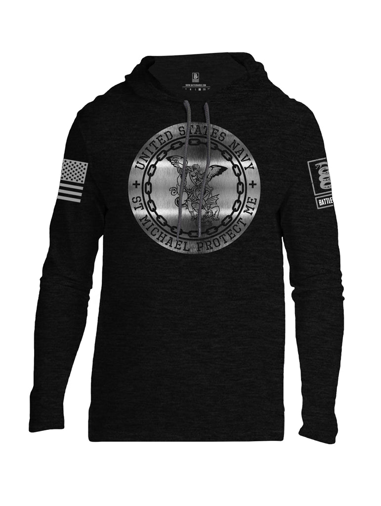 Battleraddle USN St Michael Protect Me Grey Sleeve Print Mens Thin Cotton Lightweight Hoodie
