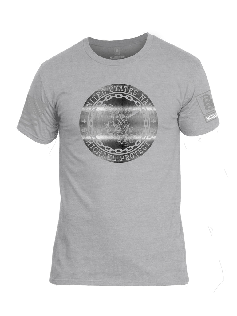 Battleraddle USN St Michael Protect Me Grey Sleeve Print Mens Cotton Crew Neck T Shirt