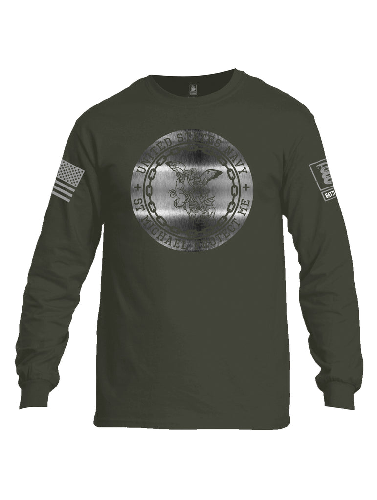 v\Battleraddle USN St Michael Protect Me Grey Sleeve Print Mens Cotton Long Sleeve Crew Neck T Shirt
