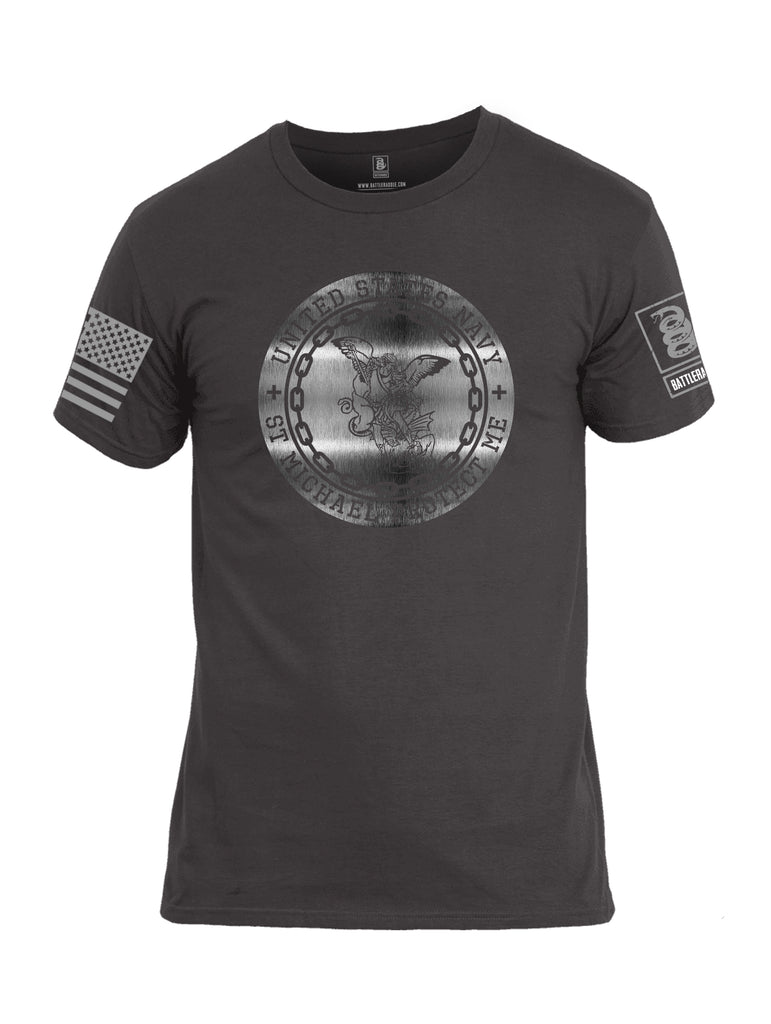 Battleraddle USN St Michael Protect Me Grey Sleeve Print Mens Cotton Crew Neck T Shirt