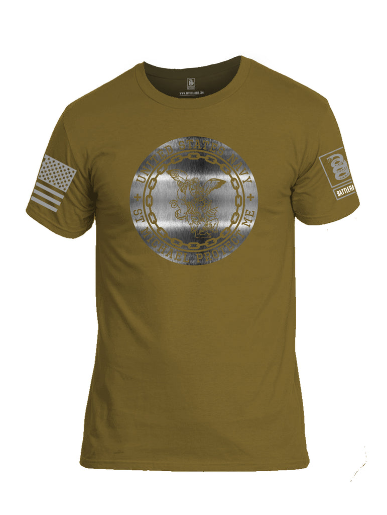 Battleraddle USN St Michael Protect Me Grey Sleeve Print Mens Cotton Crew Neck T Shirt