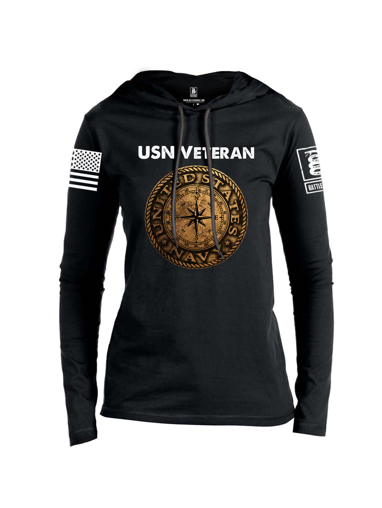 Battleraddle USN Veteran Compass White Sleeve Print Womens Thin Cotton Lightweight Hoodie