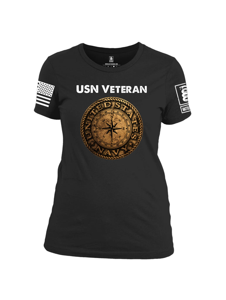 Battleraddle USN Veteran Compass White Sleeve Print Womens Cotton Crew Neck T Shirt