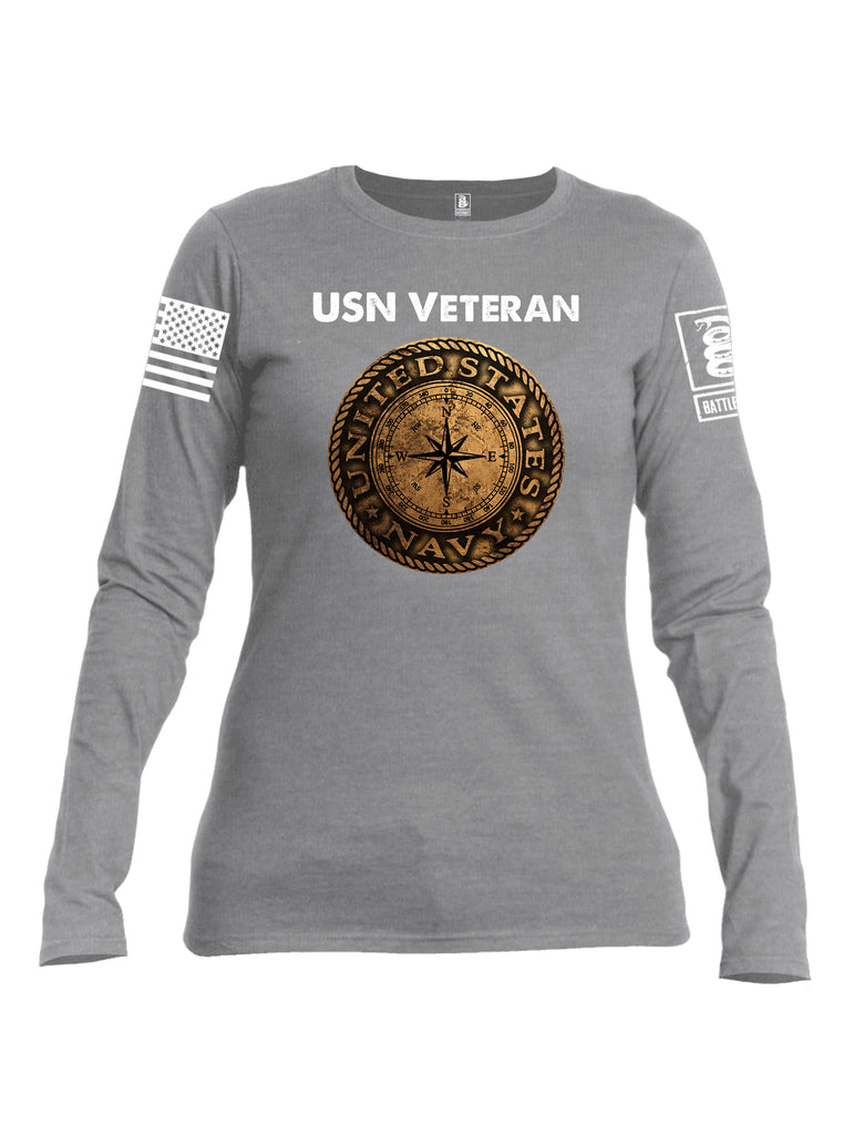 Battleraddle USN Veteran Compass White Sleeve Print Womens Cotton Long Sleeve Crew Neck T Shirt