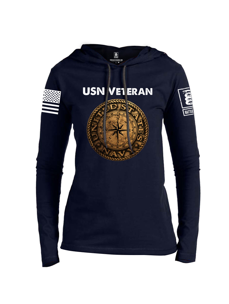 Battleraddle USN Veteran Compass White Sleeve Print Womens Thin Cotton Lightweight Hoodie