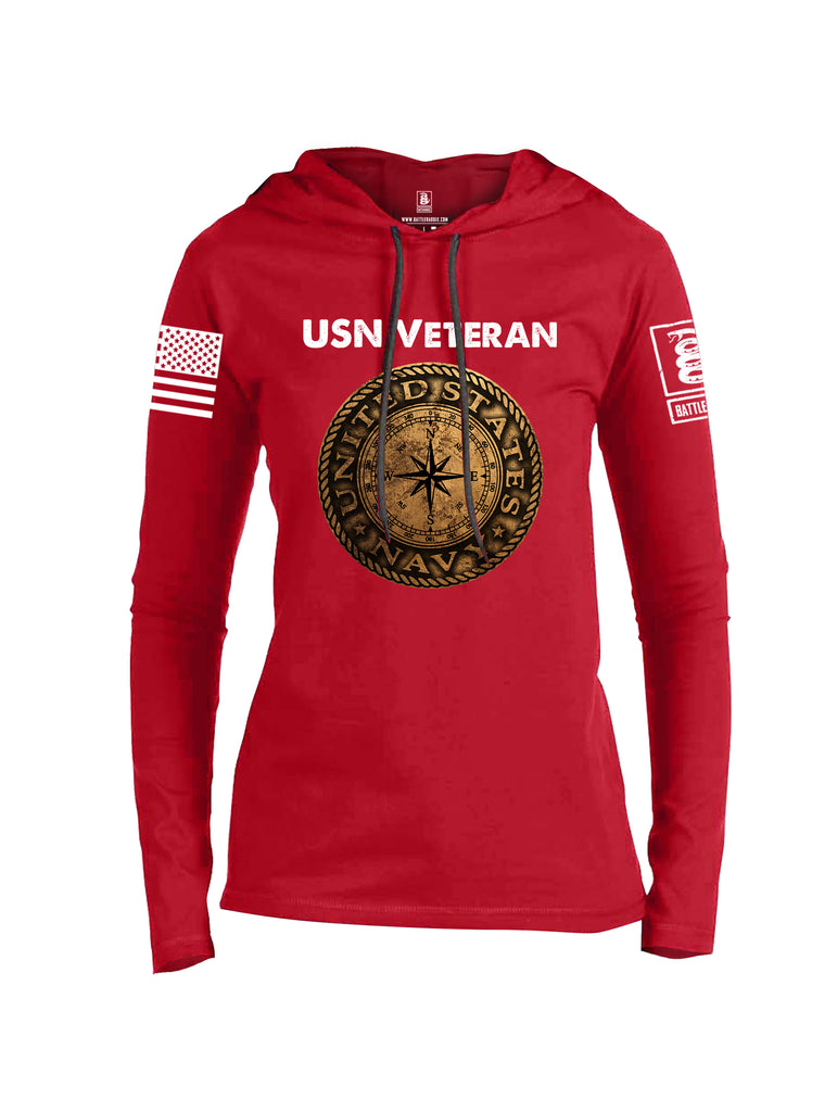 Battleraddle USN Veteran Compass White Sleeve Print Womens Thin Cotton Lightweight Hoodie