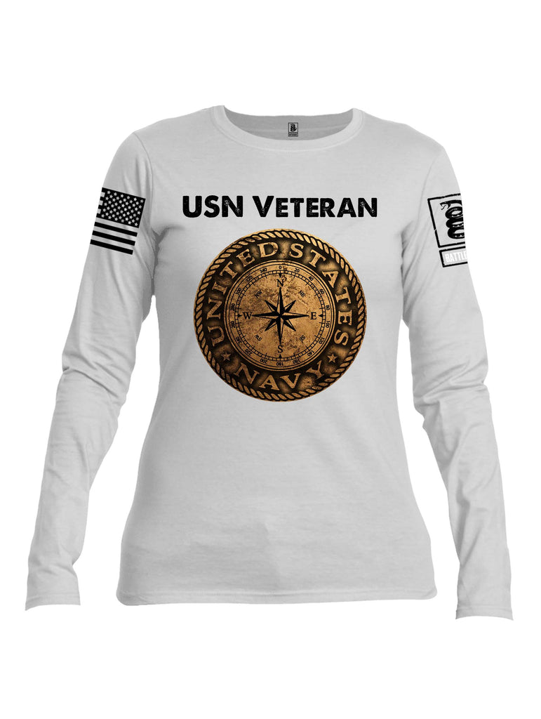 Battleraddle USN Veteran Compass White Sleeve Print Womens Cotton Long Sleeve Crew Neck T Shirt
