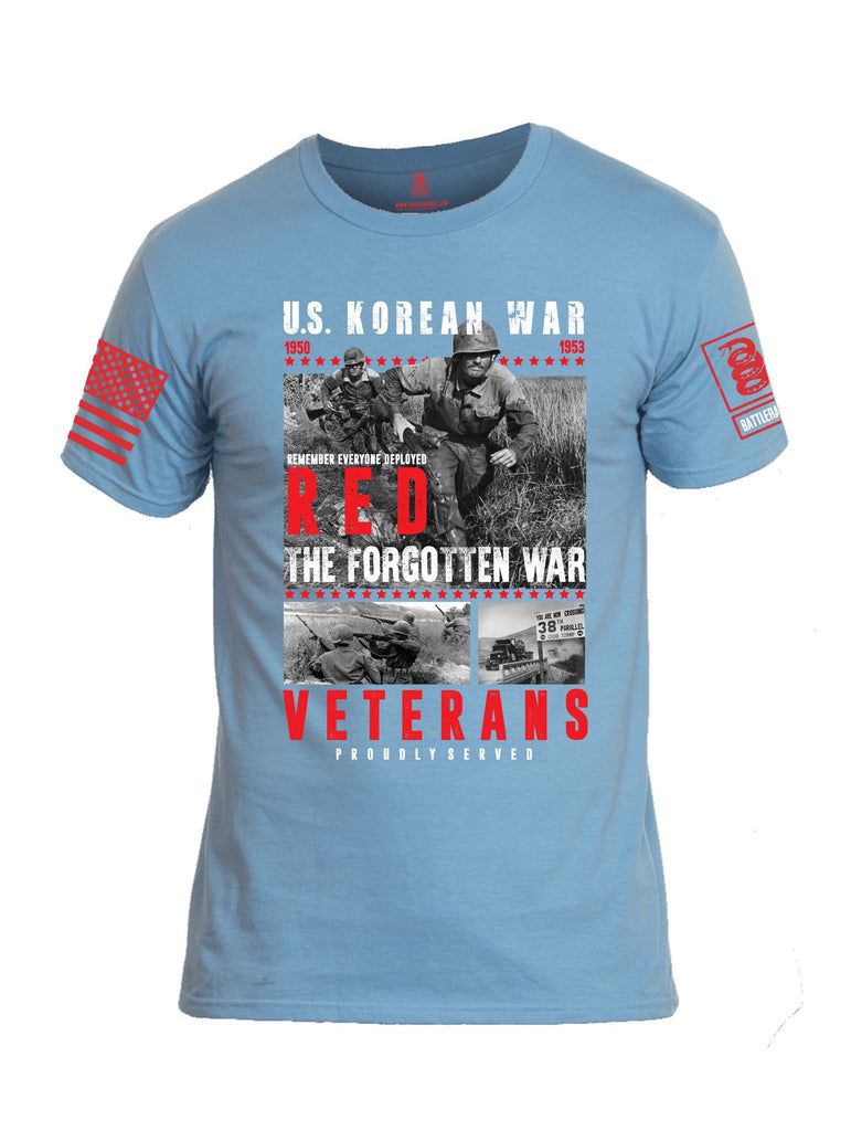 Battleraddle U.S. Korean War RED Remember Everyone Deployed The Forgotten War Veterans Proudly Served Red Sleeve Print Mens Cotton Crew Neck T Shirt