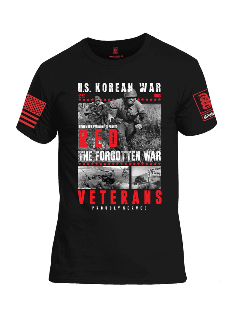 Battleraddle U.S. Korean War RED Remember Everyone Deployed The Forgotten War Veterans Proudly Served Red Sleeve Print Mens Cotton Crew Neck T Shirt