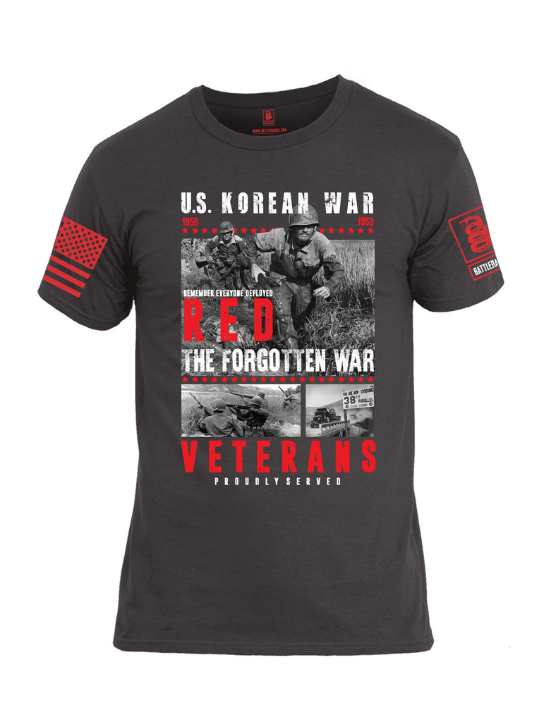 Battleraddle U.S. Korean War RED Remember Everyone Deployed The Forgotten War Veterans Proudly Served Red Sleeve Print Mens Cotton Crew Neck T Shirt