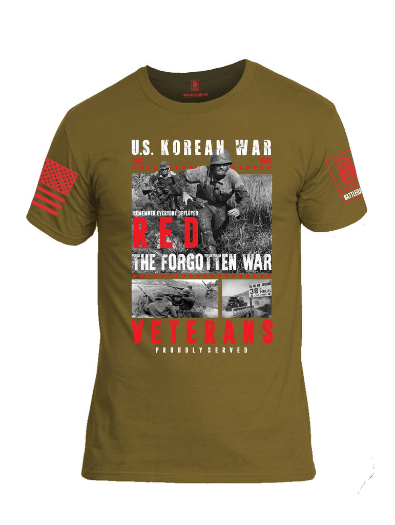 Battleraddle U.S. Korean War RED Remember Everyone Deployed The Forgotten War Veterans Proudly Served Red Sleeve Print Mens Cotton Crew Neck T Shirt