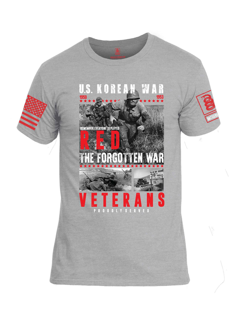 Battleraddle U.S. Korean War RED Remember Everyone Deployed The Forgotten War Veterans Proudly Served Red Sleeve Print Mens Cotton Crew Neck T Shirt