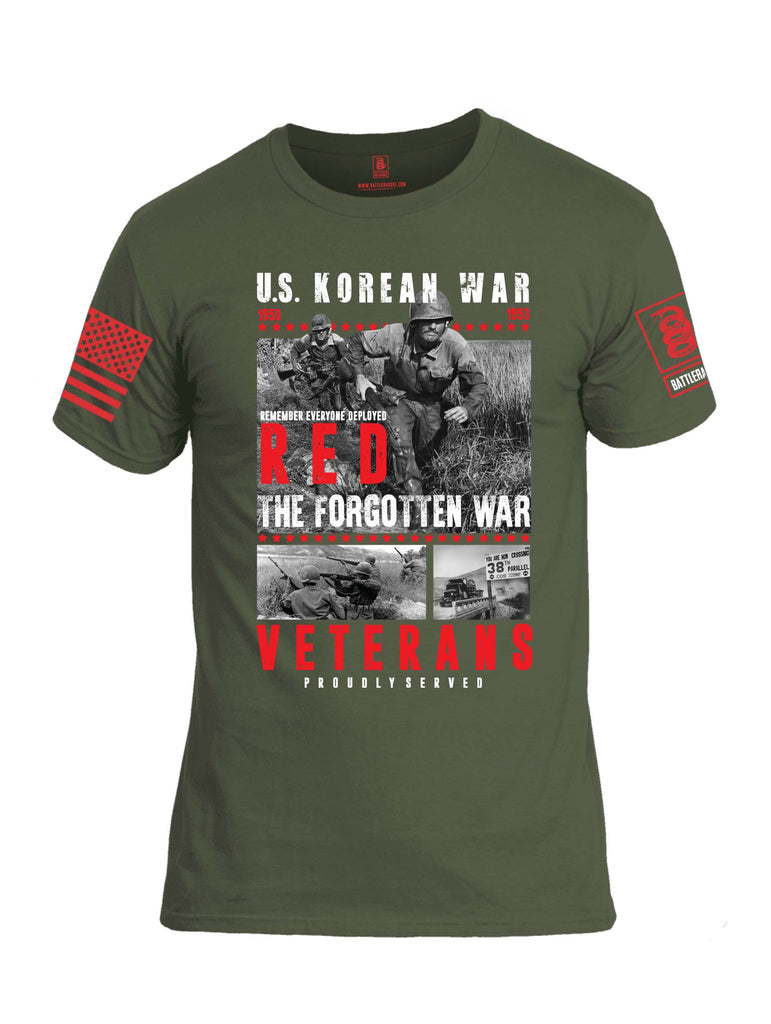 Battleraddle U.S. Korean War RED Remember Everyone Deployed The Forgotten War Veterans Proudly Served Red Sleeve Print Mens Cotton Crew Neck T Shirt