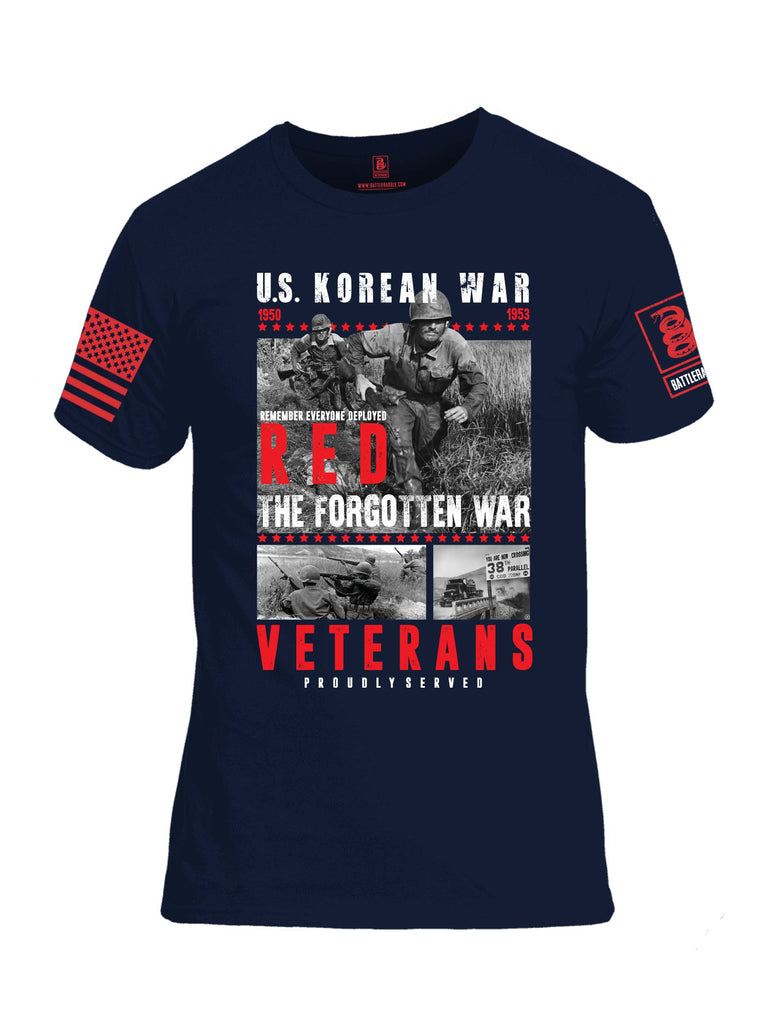 Battleraddle U.S. Korean War RED Remember Everyone Deployed The Forgotten War Veterans Proudly Served Red Sleeve Print Mens Cotton Crew Neck T Shirt