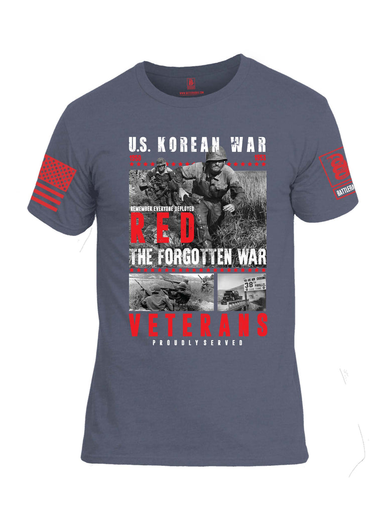 Battleraddle U.S. Korean War RED Remember Everyone Deployed The Forgotten War Veterans Proudly Served Red Sleeve Print Mens Cotton Crew Neck T Shirt