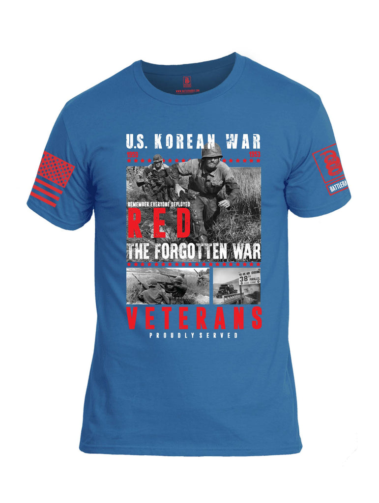 Battleraddle U.S. Korean War RED Remember Everyone Deployed The Forgotten War Veterans Proudly Served Red Sleeve Print Mens Cotton Crew Neck T Shirt