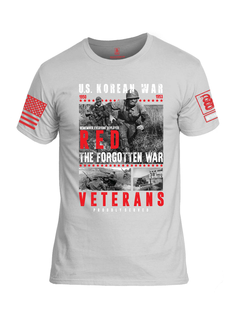 Battleraddle U.S. Korean War RED Remember Everyone Deployed The Forgotten War Veterans Proudly Served Red Sleeve Print Mens Cotton Crew Neck T Shirt