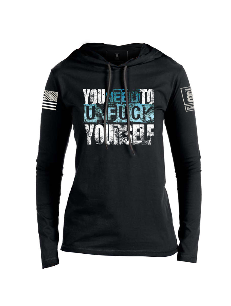Battleraddle You Need To Unfuck Yourself White Sleeve Print Womens Thin Cotton Lightweight Hoodie
