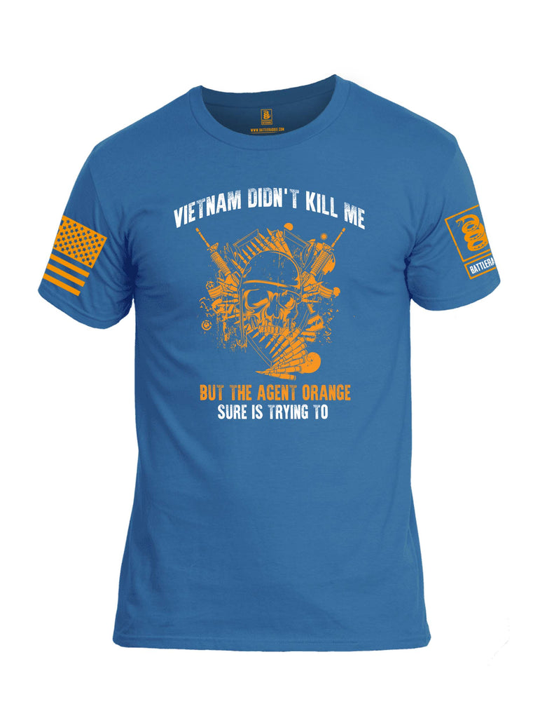Battleraddle Vietnam Didn't Kill Me But The Agent Orange Sure Is Trying To Orange Sleeve Print Mens Cotton Crew Neck T Shirt