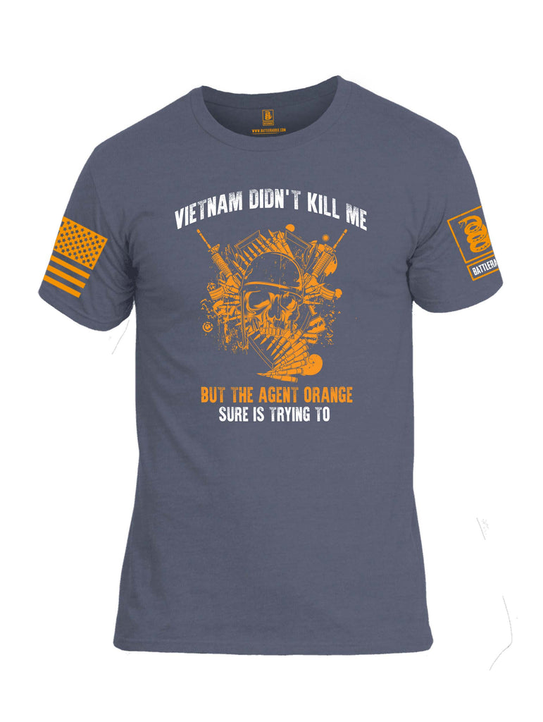 Battleraddle Vietnam Didn't Kill Me But The Agent Orange Sure Is Trying To Orange Sleeve Print Mens Cotton Crew Neck T Shirt