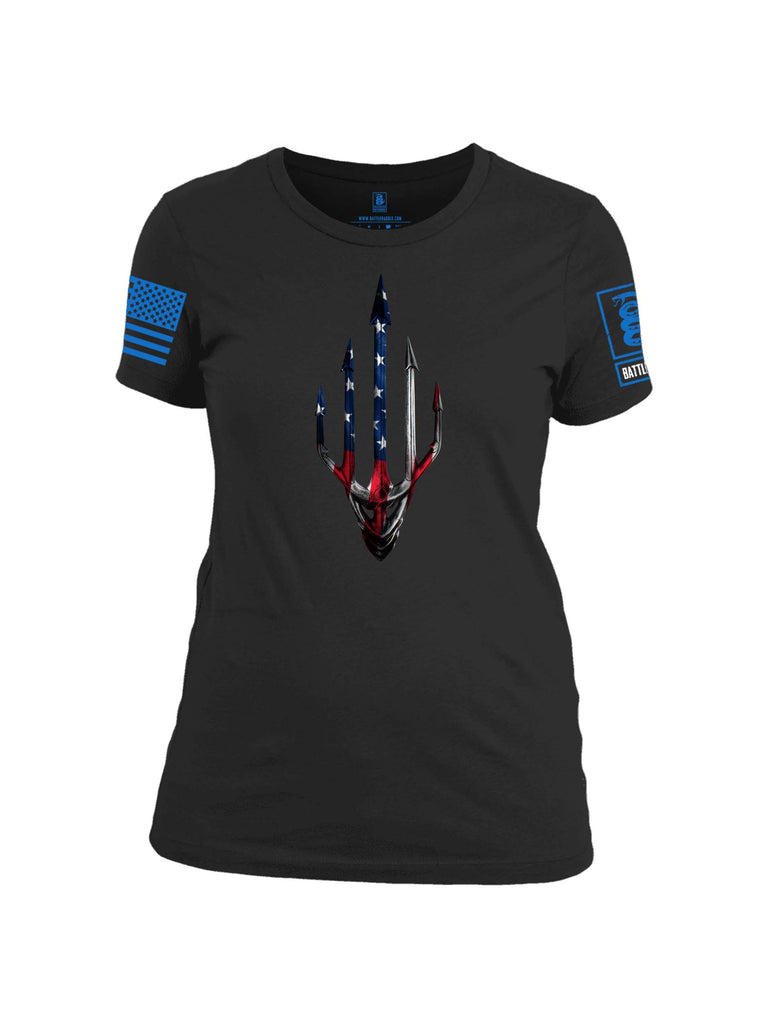 Battleraddle Water Man Trident USA American Flag Blue Sleeve Print Womens Cotton Crew Neck T Shirt