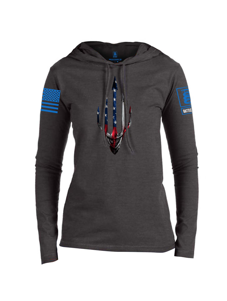 Battleraddle Water Man Trident USA American Flag Blue Sleeve Print Womens Thin Cotton Lightweight Hoodie