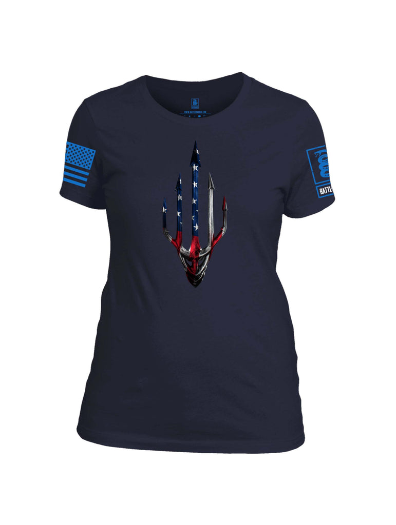 Battleraddle Water Man Trident USA American Flag Blue Sleeve Print Womens 100% Battlefit Polyester Crew Neck T Shirt