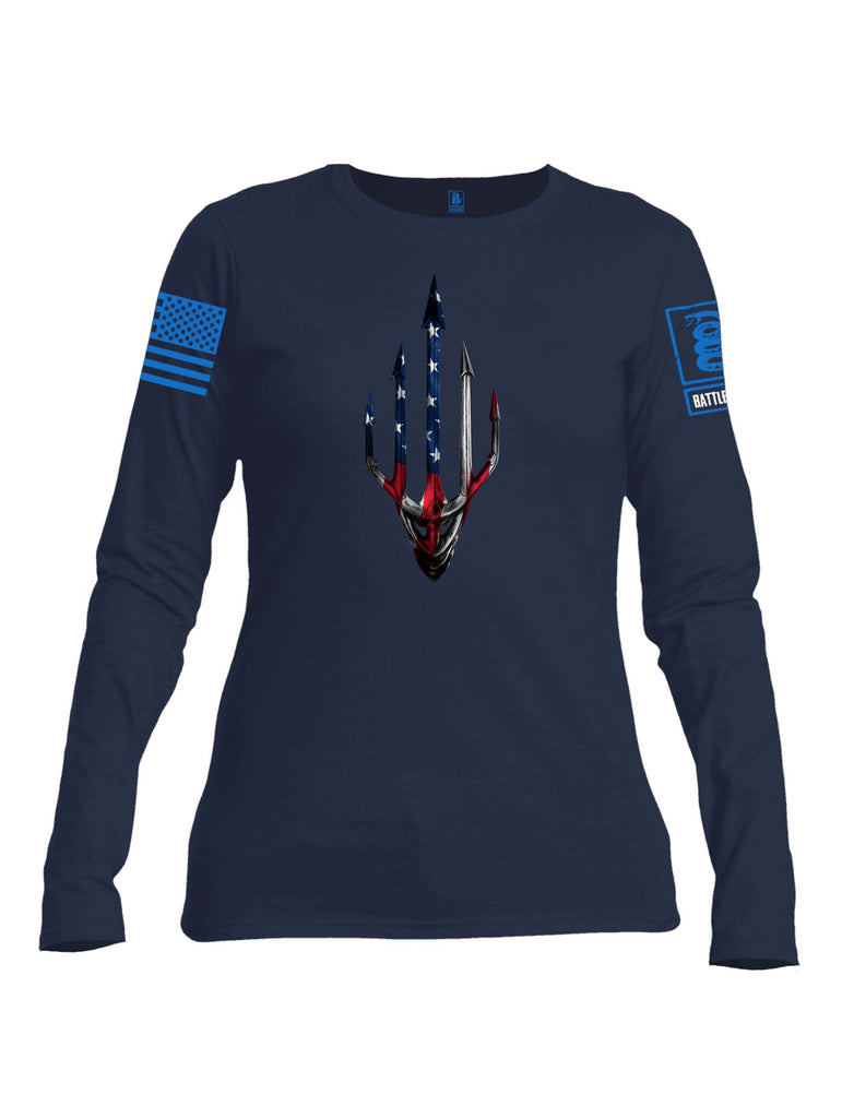 Battleraddle Water Man Trident USA American Flag Blue Sleeve Print Womens Cotton Long Sleeve Crew Neck T Shirt