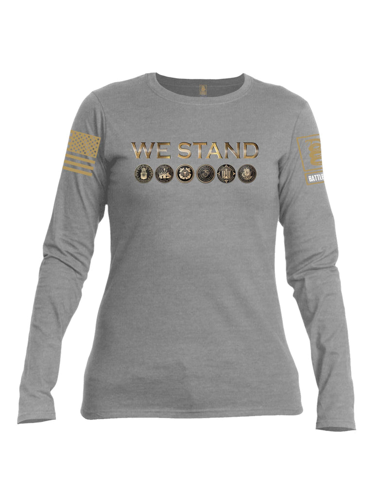 Battleraddle We Stand Brass Sleeve Print Womens Cotton Long Sleeve Crew Neck T Shirt