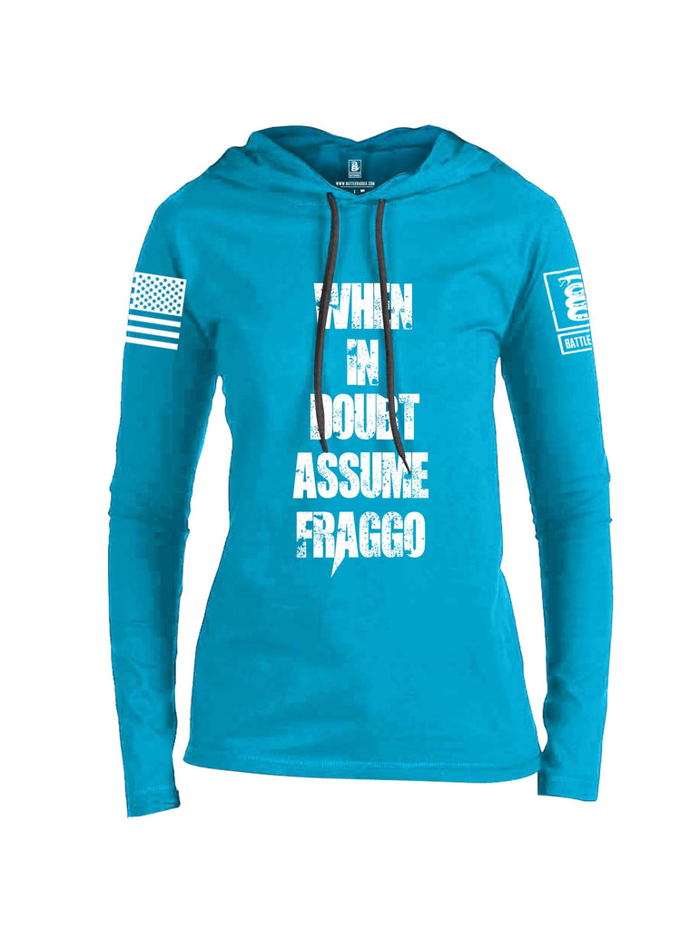 Battleraddle When In Doubt Assume Fraggo White Sleeve Print Womens Thin Cotton Lightweight Hoodie